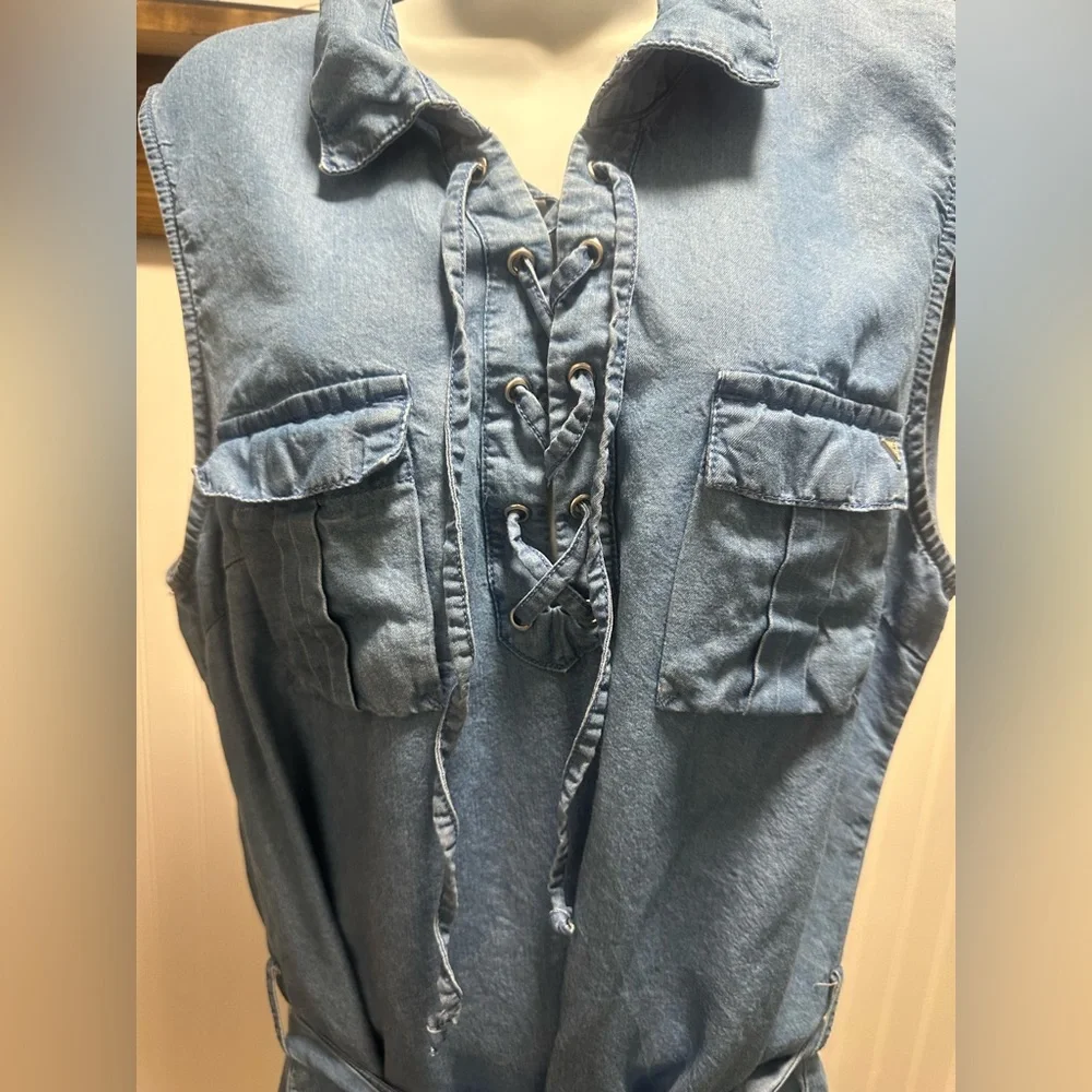 Guess Sleeveless Denim chambray dress lace up bodice with Belt Sz Xl western - Picture 4 of 9